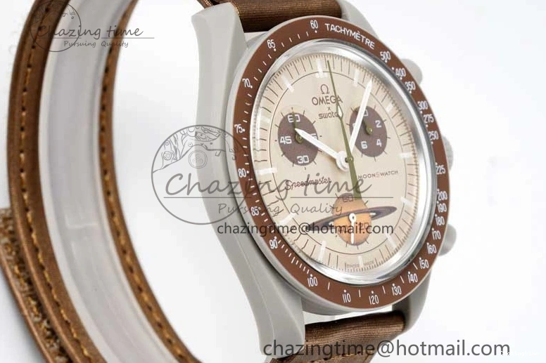 0427 Speedmaster Misson To Saturn 1:1 Best Edition Beige Dial On Nylon Strap Quartz Casual 7861